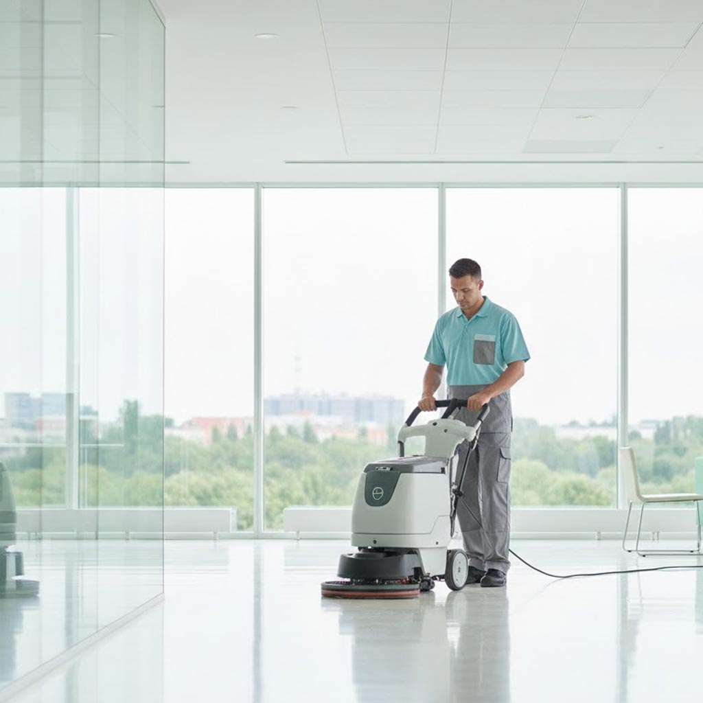 Operatore professionale esegue pulizie in ambiente ufficio